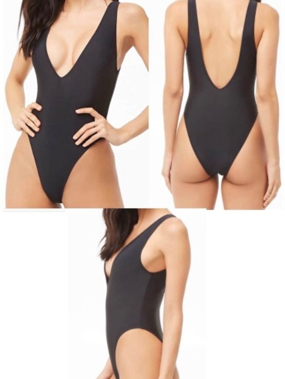 Forever 21 One Piece Swimsuit Medium Black Deep Plunge Low back Hi Cut Leg